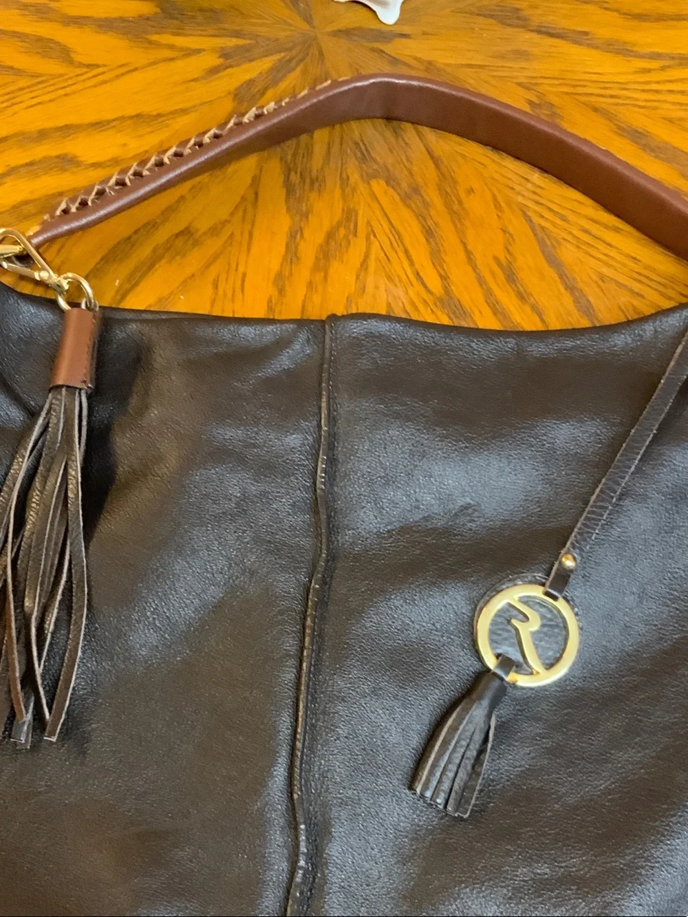 Chocolate Leather Hobo Bag with Tassel Accent